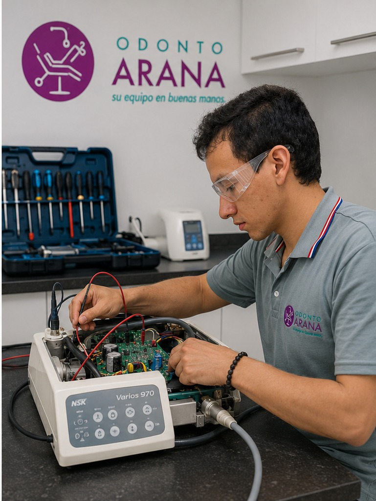 Técnico de OdontoArana realizando una revisión electrónica a un equipo NSK